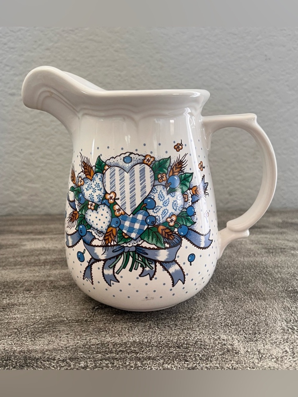 Vintage Tabletops Unlimited Blueberry
Hearts Pitcher Flower Vase Country Farm